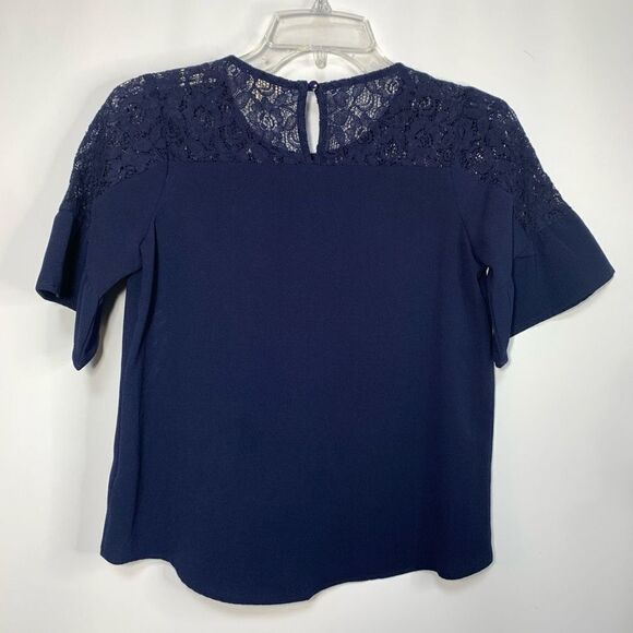 Monteau Women's Lace Shoulder Keyhole Short Sleeve Blouse Blue Size Small - Picture 5 of 6